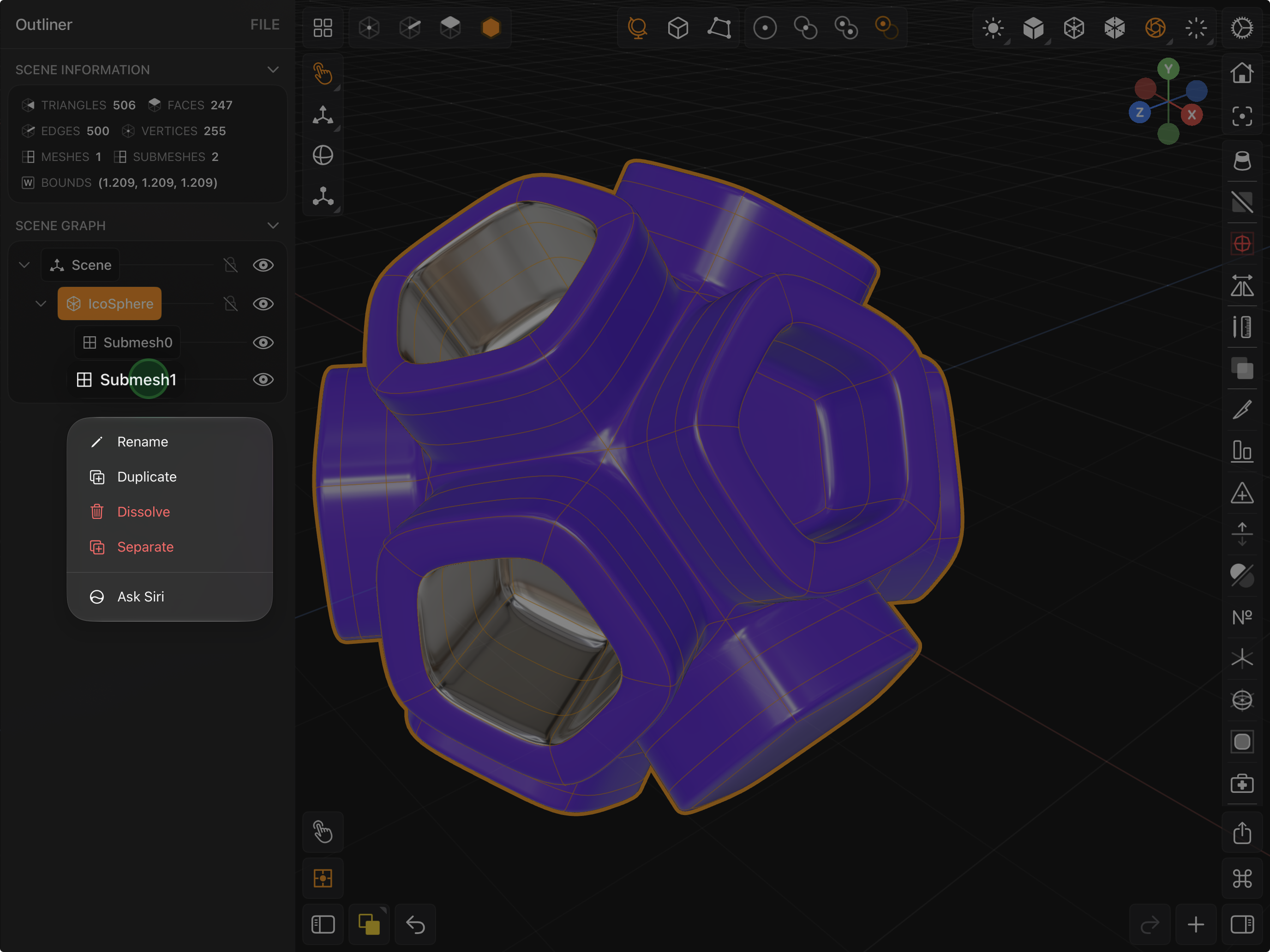 Valence 3D Modeler Outliner Submesh Context Menu