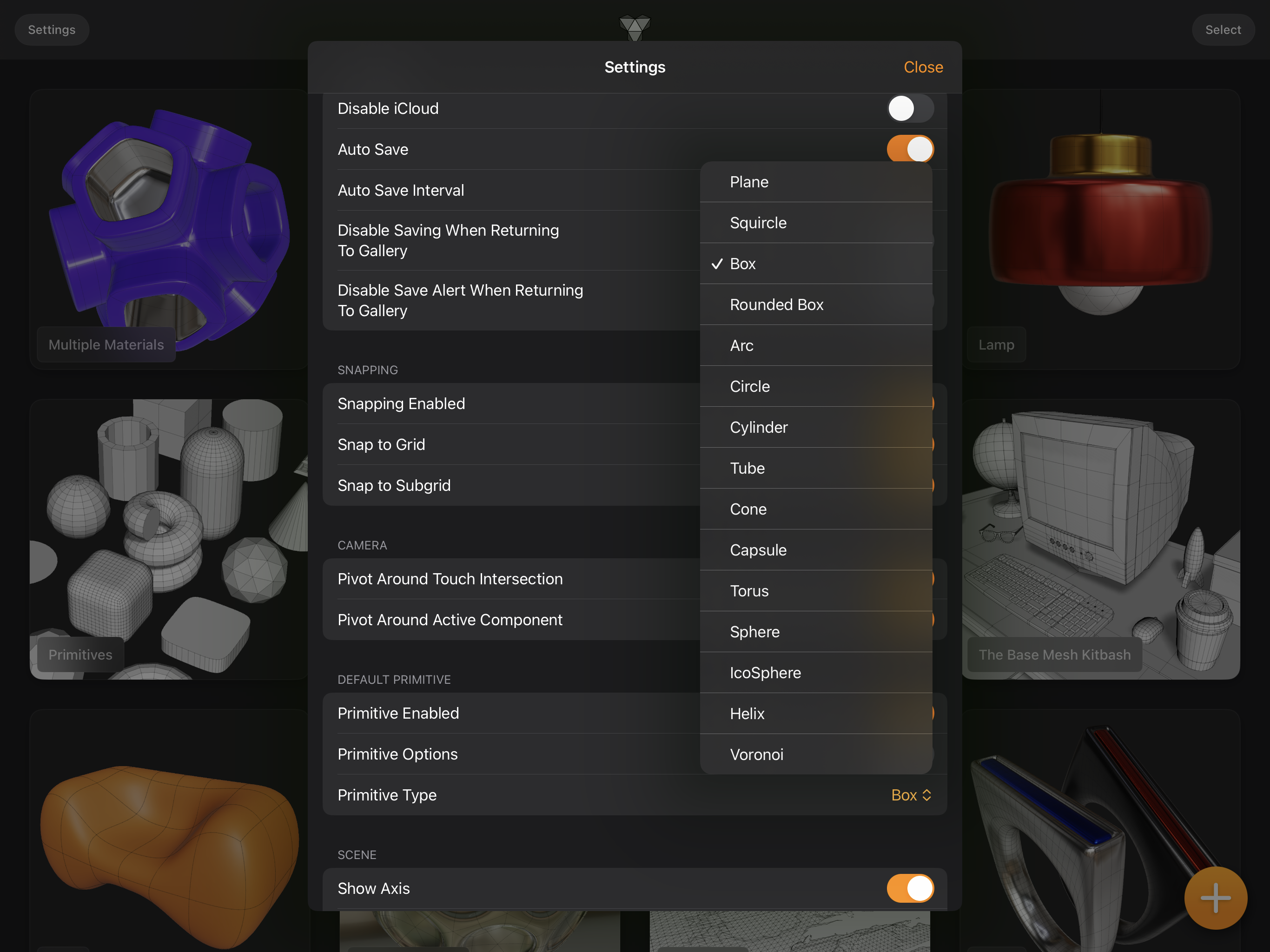 Valence 3D Settings Sheet View