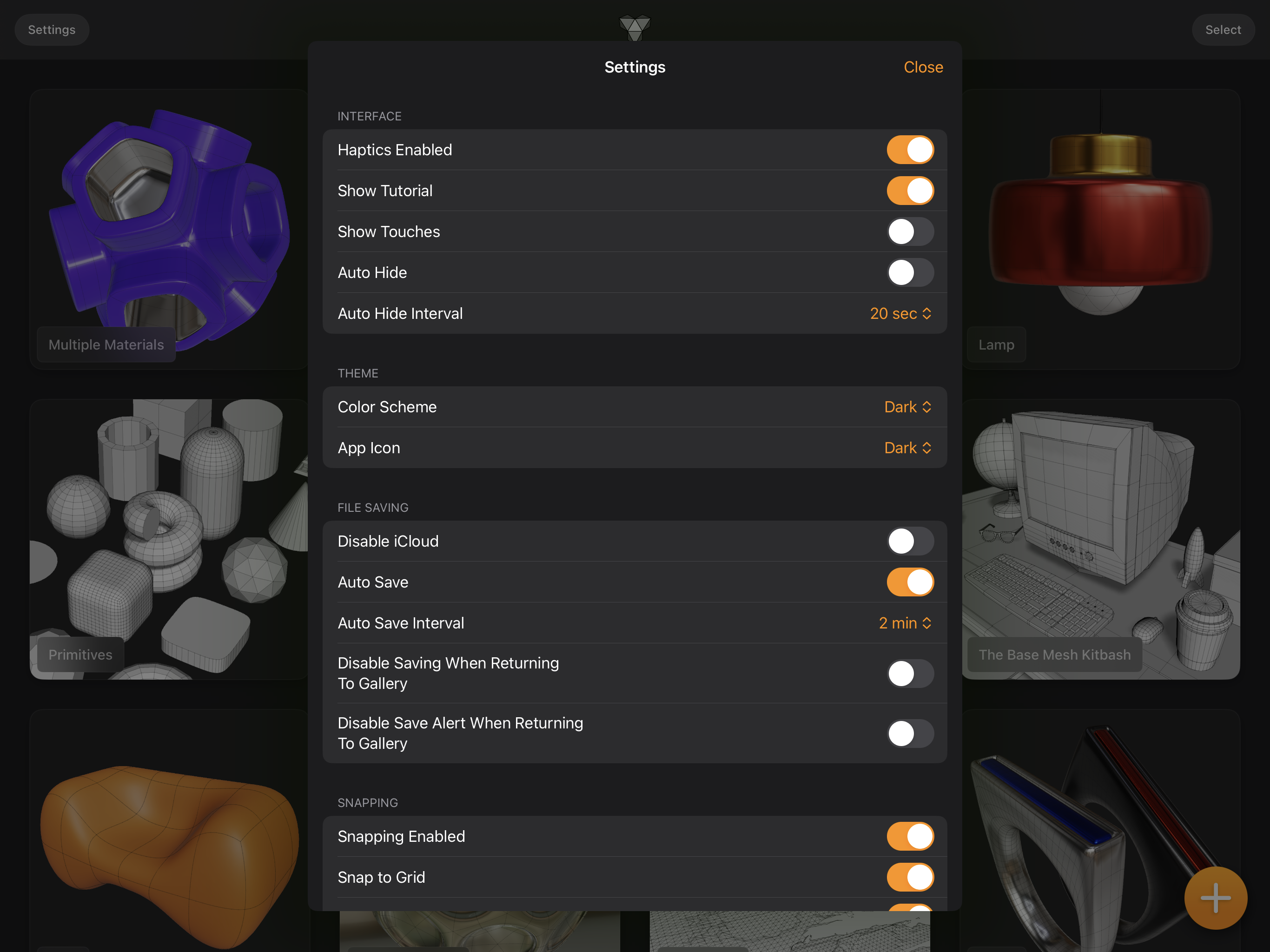 Valence 3D Settings Sheet View